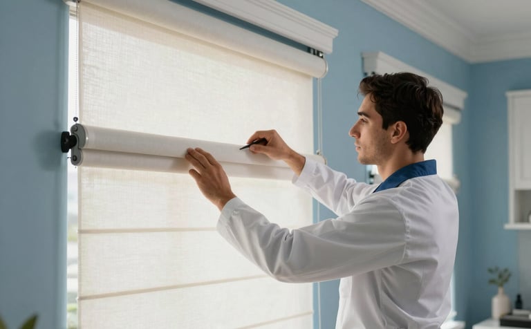 A professional technician wearing a clean uniform in a high-end North American / Mexican home, carefully performing maintenance on large rollable blinds. The environment is orderly and elegant, with Sky Blue accents in the decor. Professional industrial photography style.