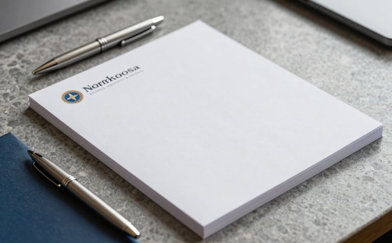 A close-up photograph of high-end corporate stationery and a silver pen resting on a grey stone desk in a North American office. Refined textures, crisp white paper, and a muted blue and subtle gold color palette.