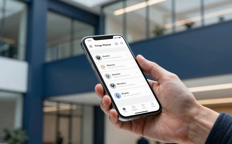 Professional photography of a designer's hand interacting with a modern smartphone in a bright North American / US corporate lobby. The phone shows a sleek mobile application interface. Background features deep slate blue glass and midnight navy architectural lines.