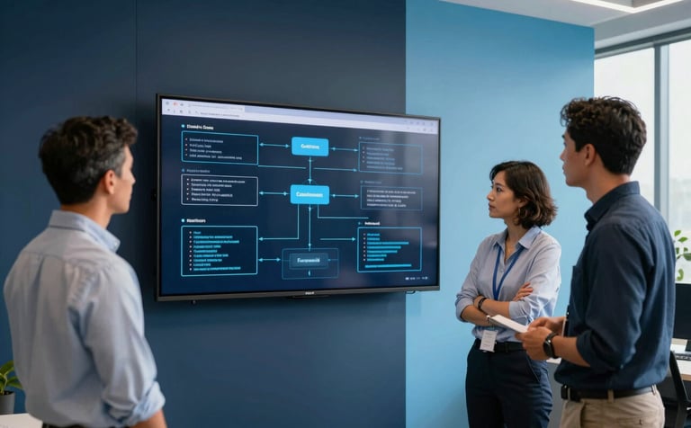 A collaborative scene in a North American / US tech startup hub. Professionals are discussing complex data flows on a wall-mounted screen. The room is styled with midnight navy and soft sky blue accents, giving a clean, innovative atmosphere.