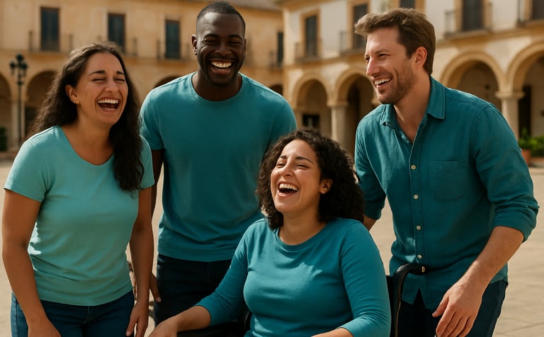A diverse group of community members, including a person with a visible mobility disability, laughing and sharing a moment of joy in a bright Latin American / Spanish plaza. People are wearing soft sky cyan and ocean teal clothing. High-quality photography, medium shot.