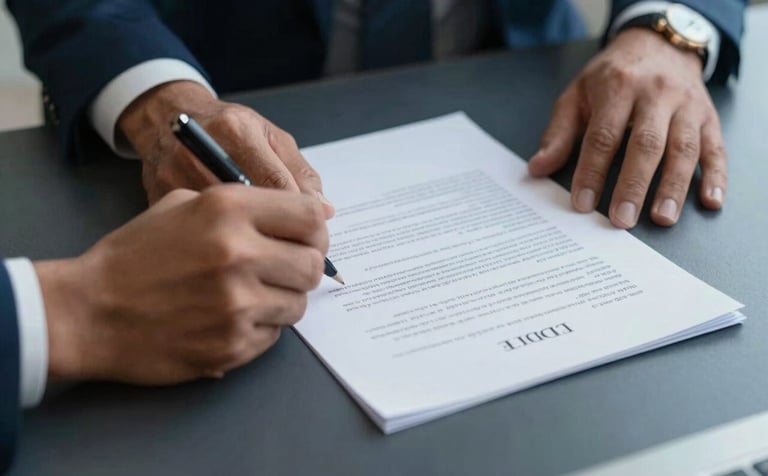 Close-up of hands signing a legal document on a desk in a Latin American / Spanish office. A professional's hand is visible offering support. Soft light, featuring dark slate blue and misty pearl white tones.