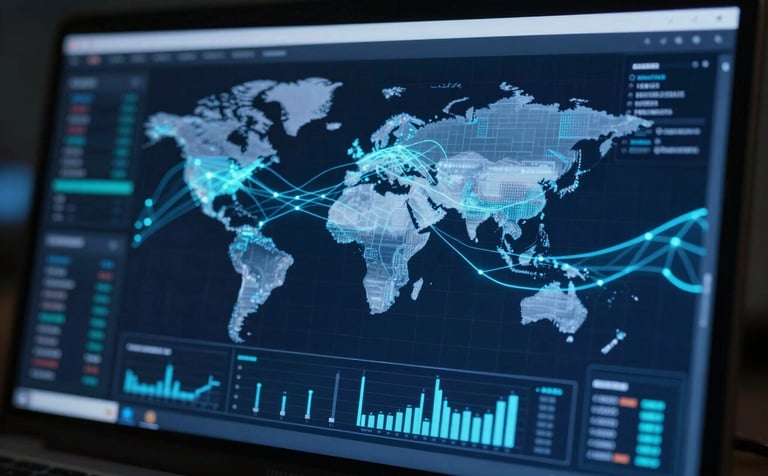 A sophisticated digital dashboard showing real-time global financial market data with glowing neural network lines connecting data points. Modern, clean aesthetic using #0B132B and #5082A7, cinematic lighting, sharp focus on flowing digital algorithms.