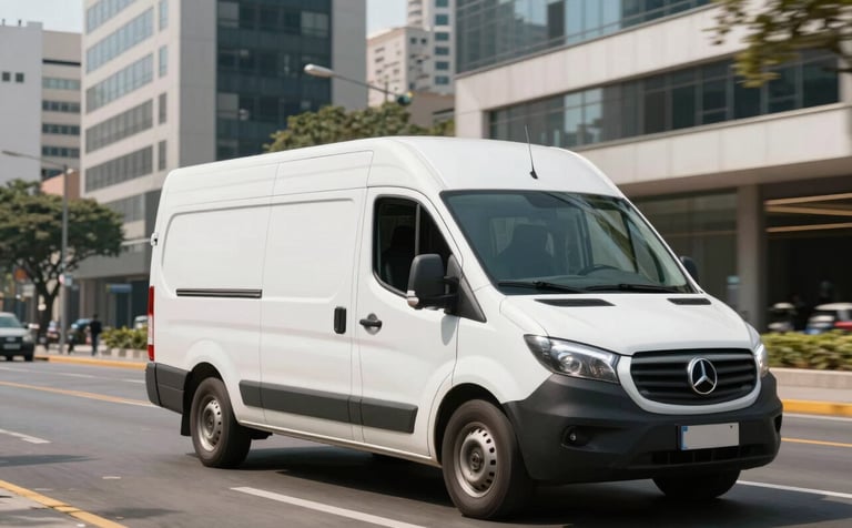 A clean, white delivery van driving through a modern South American urban street. Professional commercial photography, bright daylight, emphasizing efficiency and speed. The city architecture is modern and clean, reflecting a professional Brazilian business district.