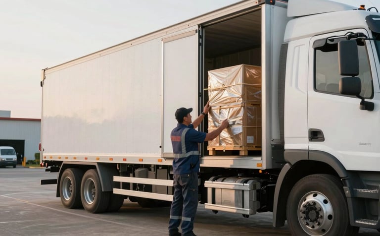 A professional truck driver in uniform securing a shipment inside a medium freight truck. The setting is a clean loading zone in a South American logistics center. Soft morning light, professional and safe atmosphere.