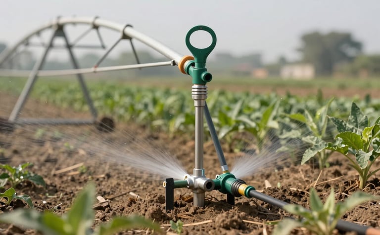 A professional photograph of a modern drip irrigation system installed in an Indian agricultural field. Close-up of water emitters near plant roots. South Asian / Indian farming context with bright, natural lighting.