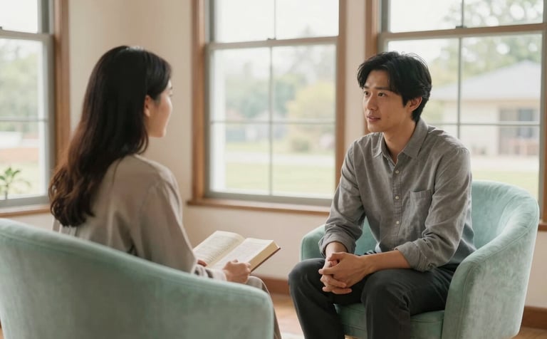 A soft, inviting interior in North American style with warm natural light through large windows. Two people sit in comfortable mint-colored chairs in a safe, quiet space, engaged in a gentle and supportive conversation focused on biblical counseling and healing.