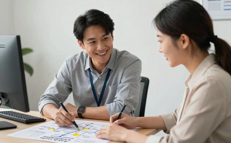 A hopeful photography of a life coach and a client in a clean, professional North American office setting. They are looking at a roadmap on a table together, symbolizing the path toward substance recovery and renewed personal purpose.
