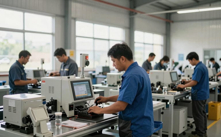 A clean and modern manufacturing workshop in North American / Mexican region, featuring focused workers in professional attire, bright natural lighting coming through large windows, creating a sense of industrial efficiency and progress.