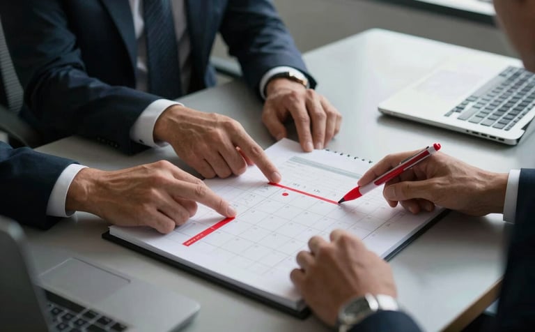 A professional strategy meeting in a sleek North American / Mexican office, hands pointing at a content calendar with crimson red markers, high contrast photography, professional and focused atmosphere.