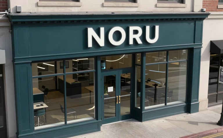 A high-angle shot of a professional North American / US commercial storefront in a clean downtown area. The lighting is crisp and clear. The scene features deep charcoal teal tones in the architectural details, conveying authority and a pest-free business environment.