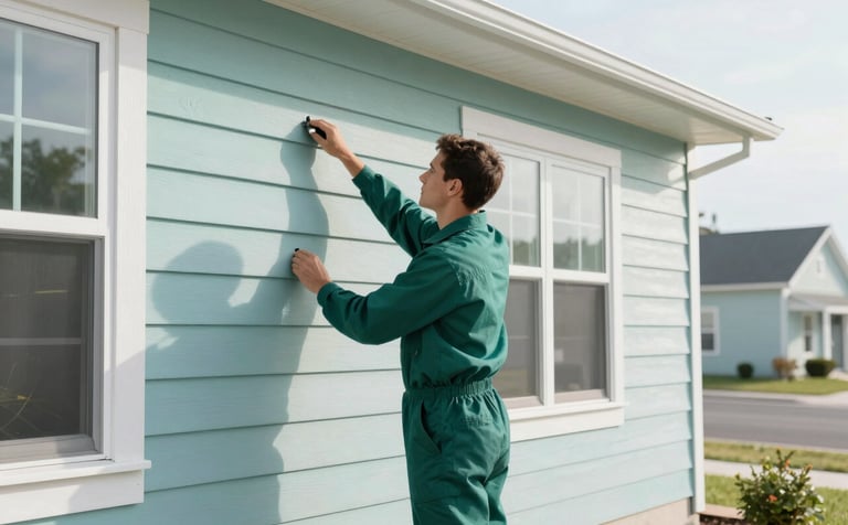 Photography of a clean, modern North American / US suburban home exterior during a bright day. A professional technician in a muted forest teal uniform is inspecting the siding. The scene is bright and highlights soft misty aqua accents in the landscape, projecting security and professional care.