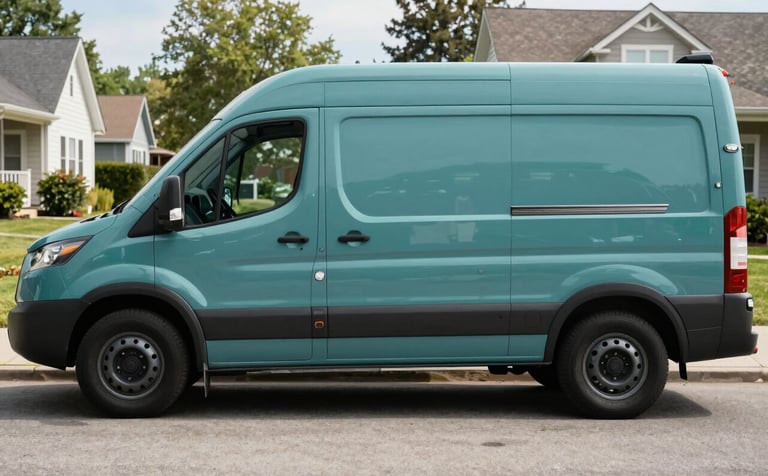 A close-up of a professional North American / US service vehicle parked neatly on a clean street. The vehicle is branded with subtle deep charcoal teal and soft misty aqua elements. The background shows a peaceful residential neighborhood at midday.