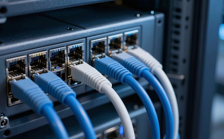 Detailed photography of professional networking hardware in a modern data center in France. Neatly organized blue and white ethernet cables are plugged into a server rack. Cinematic lighting with dark navy shadows and light blue highlights, conveying technical expertise.