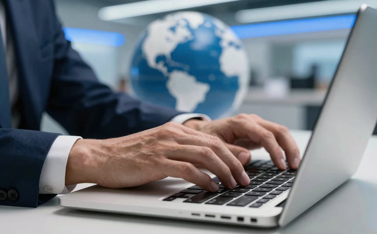 A close-up of hands typing on a laptop in a high-tech International / Global hub, blurred background with blue LED accents, sharp focus, professional and innovative mood, palette of Deep Navy Blue and Cloud White.