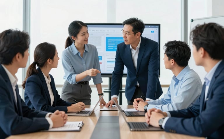 A group of professionals in a International / Global boardroom discussing a digital project on a screen, collaborative atmosphere, bright natural light, professional attire, palette features Deep Navy Blue and Soft Sky Blue.