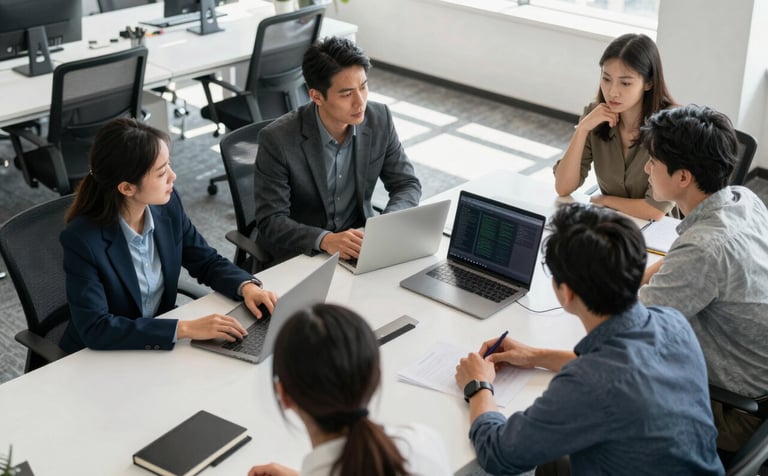 A clean, high-angle photography shot of a collaborative digital marketing strategy session in a sunlit North American / US office. Professionals review a clean workspace with white and deep obsidian black accents. High-end, innovative atmosphere, contemporary elegance.