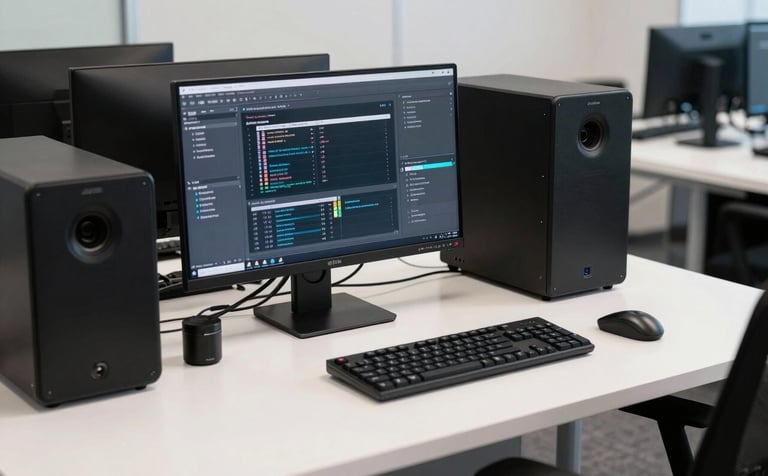 A sharp, modern photography shot of a performance marketing workstation in a North American / US tech hub. Crisp lighting highlights a clean desk and professional obsidian black accents.