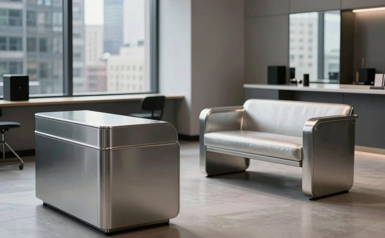 A sophisticated, professional photography of a content creation studio in a modern North American / US city. The scene features sleek furniture in platinum silver and steel gray with a high-end, innovative aesthetic.