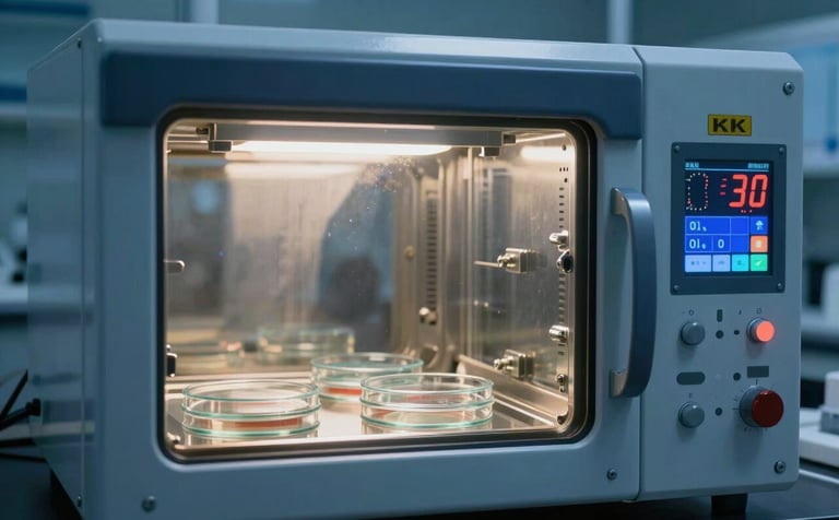 A specialized biological incubator with a digital control panel showing temperature and humidity levels. Inside, glass culture plates are visible. The setting is a state-of-the-art East Asian / Chinese clinical laboratory. The composition is focused and precise, featuring steel blue and dark slate blue tones.