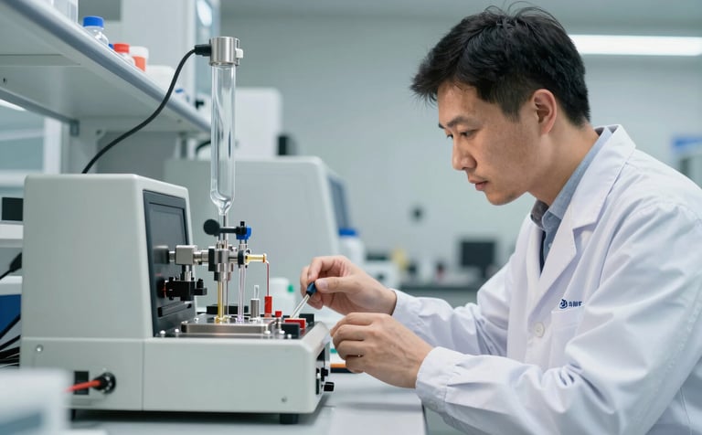 A high-precision microfluidic control module with glass tubes and steel valves on a clean laboratory workbench. A professional East Asian researcher in a white lab coat is adjusting the equipment. The lighting is bright and clean, reflecting a professional atmosphere in an East Asian / Chinese facility. Brand colors of soft off-white and light blue are subtly visible.