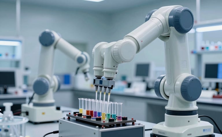A sophisticated laboratory robotic arm performing high-speed liquid pipetting into multiple test tubes. The scene is set in a modern East Asian / Chinese manufacturing and research hub. The aesthetics are futuristic and innovative, utilizing a light blue and soft off-white color palette.