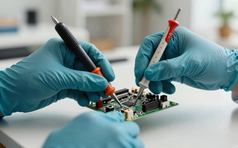 A close-up of a technician's hands wearing professional gear in a European / French residential interior, carefully diagnosing a circuit board with modern tools. Deep Ocean Teal and Pearlescent White color palette, professional macro photography.