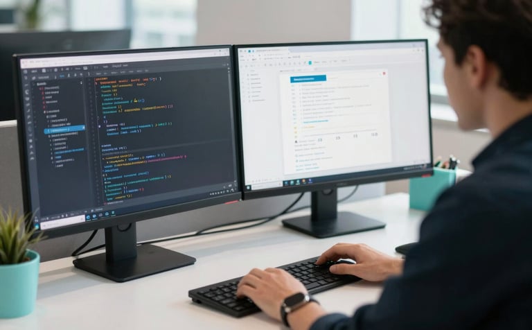 A professional in a modern European / French office setup with dual monitors showing web code and a clean UI design. The lighting is bright and natural with Pearlescent White tones and Soft Aqua accents on the desk accessories. High-quality photography, sharp focus.