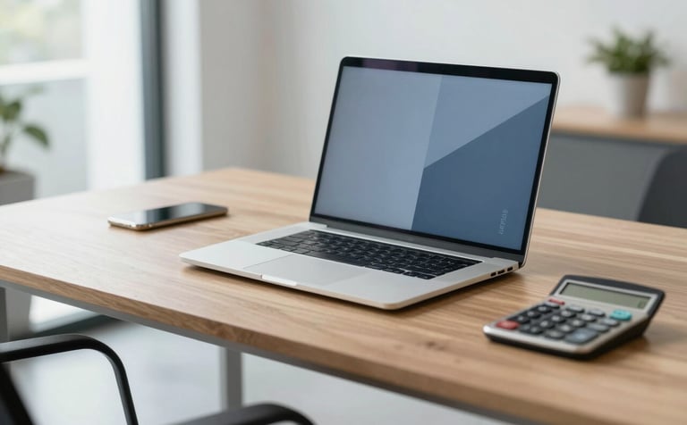A clean and modern office environment with a focus on a high-end wooden desk, a sleek laptop, and a calculator, representing modern efficiency. The lighting is bright and natural, reflecting the brand's reliability. The color palette incorporates shades of #4F6D7A and #8CB3C7 in the decor.