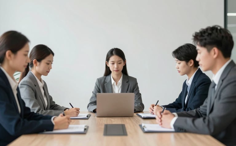 A group of professional accountants in a meeting room, looking focused and competent. The composition is professional and sophisticated, with soft lighting. Details of the room include architectural elements in #1A2E3C and #F5F8FA.
