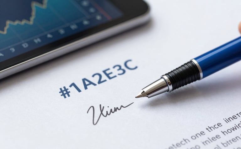 Macro shot of financial documents, a signature pen, and a tablet displaying a growth chart. The style is clean and sophisticated, using the brand colors #1A2E3C and #8CB3C7 to convey steadiness and success.