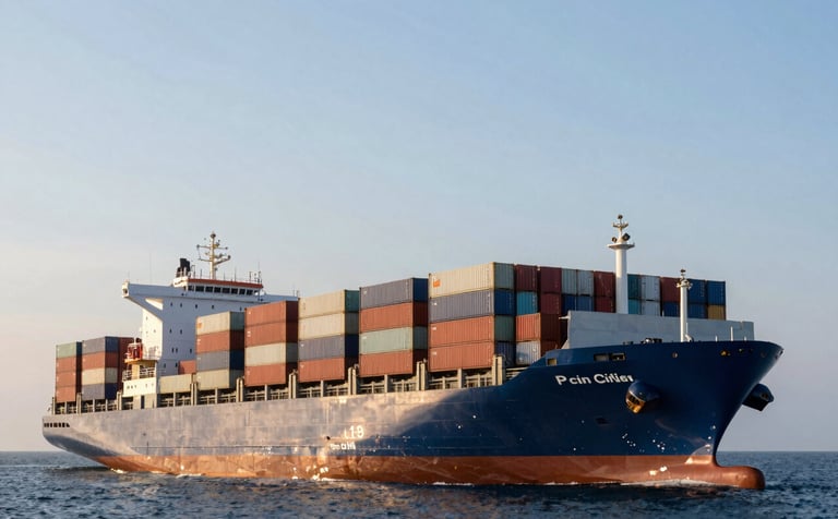 A wide-angle professional photograph of a cargo vessel and global shipping containers under a soft sky blue horizon, symbolizing global connectivity and efficiency.