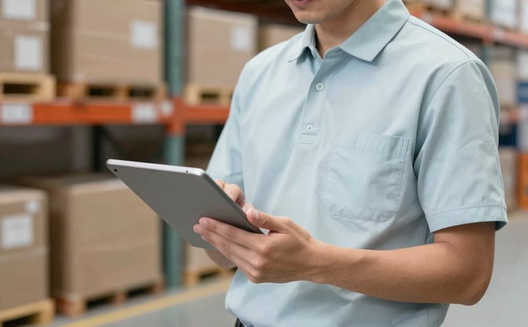 A professional logistics staff member in a clean uniform holding a digital tablet, working in a well-lit distribution center. The scene uses a palette of clean pale mist and muted slate blue.