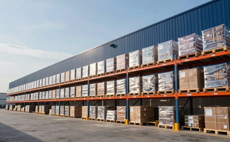 A bright, modern logistics warehouse in the United States showing organized shelves with packages. The lighting is clean and professional, with accents of soft sky blue and deep navy blue in the facility design.