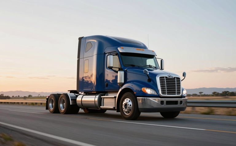 A powerful semi-truck cruising down a vast American highway during golden hour. The composition is cinematic and low-angle, emphasizing strength and reliability. The color palette includes deep navy blues of the chassis and the soft steel grays of the road, reflecting the brand colors #0A1C2B and #8DAEC2. Lighting is professional and bright.