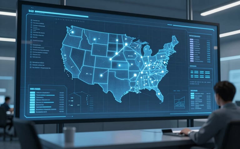 A high-tech logistics control room where a digital map of the USA is displayed on a sleek glass screen. Glowing data points and lines indicate real-time tracking of a fleet. The atmosphere is professional and technologically advanced, using a palette of #2D4B6C and #8DAEC2. Soft ambient blue lighting.