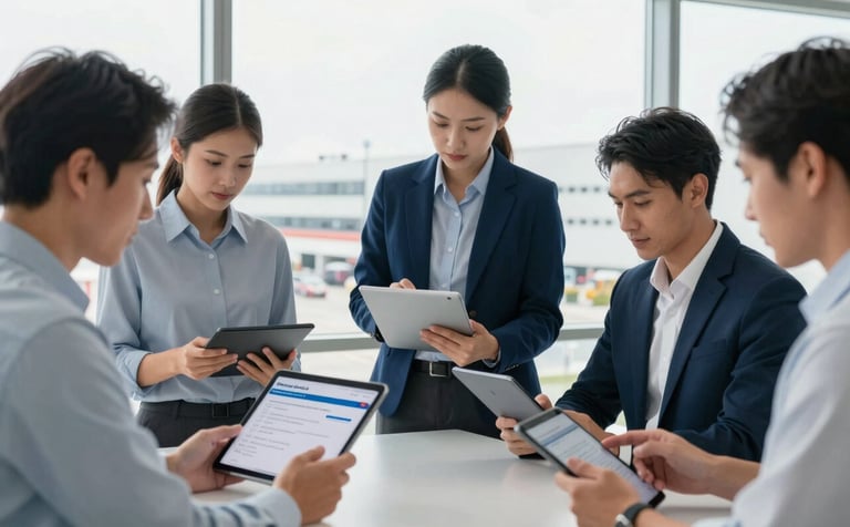 A diverse group of professional logistics experts in a clean, modern office environment, reviewing driver applications on tablets. A large window in the background shows a logistics hub. The style is authoritative and approachable, with high-quality lighting and professional corporate attire in tones of #0A1C2B and #E0E8ED.