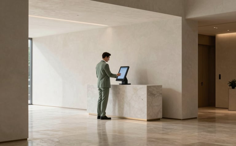 Interior shot of a minimalist, luxury building entrance hall. Polished stone floors reflect soft off-white lighting. A property manager in a muted sage green suit is checking a digital terminal. The atmosphere is professional and secure.
