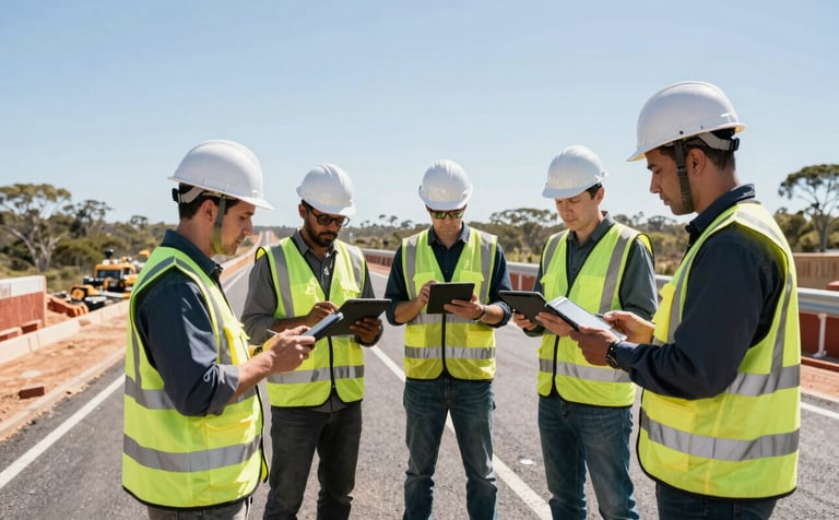 Wide-angle photography of a professional survey team in an Australian / International infrastructure setting, such as a bridge or road construction site. They are using digital tablets for field data collection under bright, clear daylight. The mood is authoritative and precise.