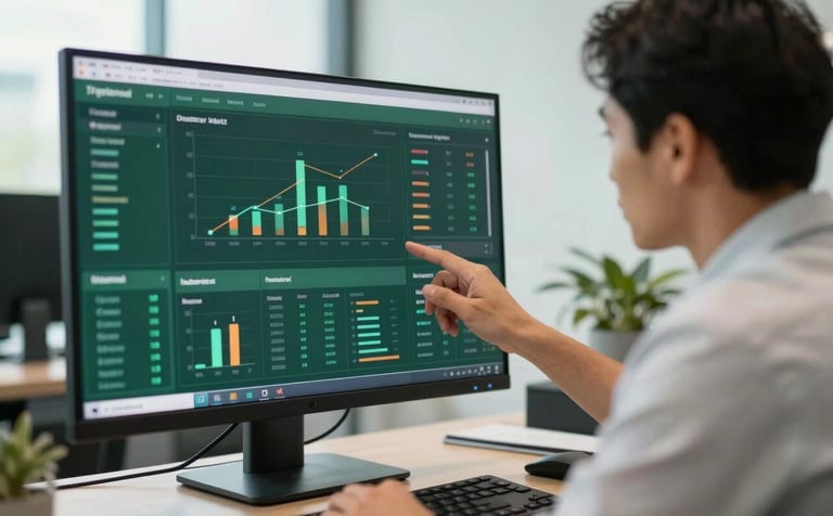 A high-end corporate office setting in Australia / International style. A professional consultant reviews a complex data dashboard on a large monitor, reflecting precision and data-driven monitoring. The scene is illuminated by soft, natural light with a color palette of deep forest green and snowy mist white.
