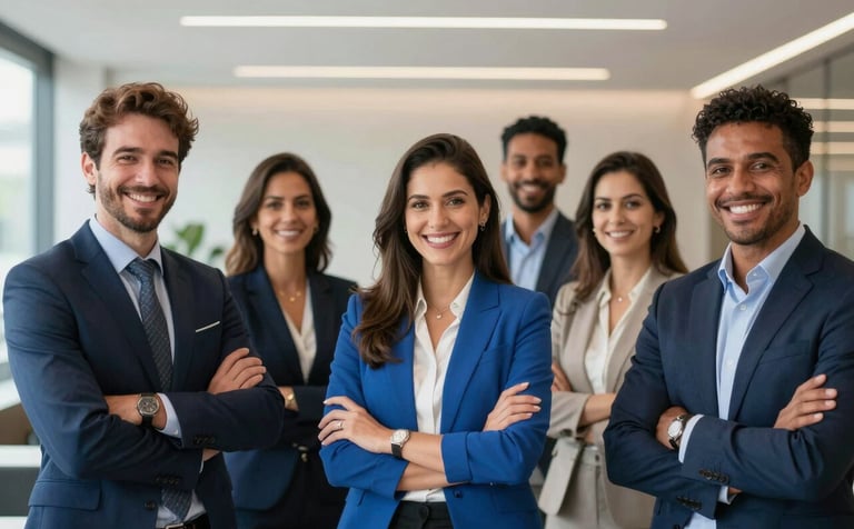 A diverse group of successful South American professionals smiling confidently in a modern Brazilian corporate lounge. The environment is high-end, clean, and empowering. Professional lighting highlighting success and trust. Palette of navy blue and sky blue.