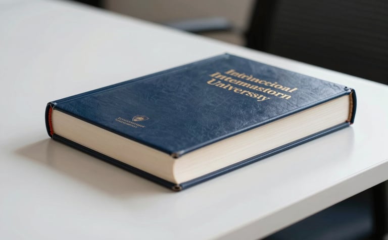 A close-up photograph of high-end, leather-bound academic journals resting on a polished white desk in an International Academic university study. The scene is illuminated by soft, natural light, featuring tones of Midnight Blue and Alabaster White. The atmosphere is quiet, sophisticated, and focused.