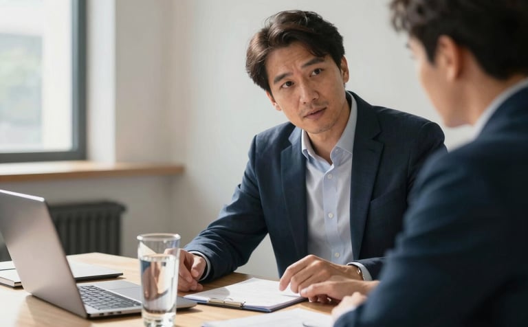 An over-the-shoulder view of a mentor providing feedback to a researcher in a sunlit International Academic office. A glass of water and a laptop are on the desk. The style is professional photography with a focus on Alabaster White, Midnight Blue, and subtle wood tones.