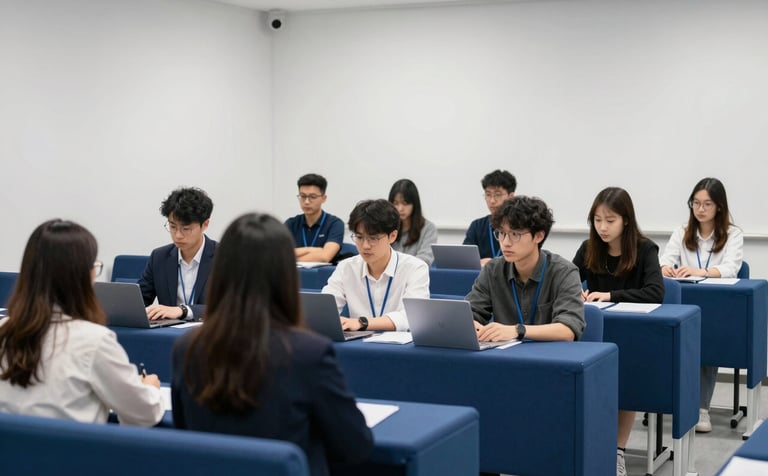 A group of focused doctoral students and professors participating in a masterclass within a high-tech International Academic seminar room. The lighting is bright and professional, emphasizing a clean environment of Alabaster White walls and Deep Royal Blue furniture. Minimalist and intellectual.