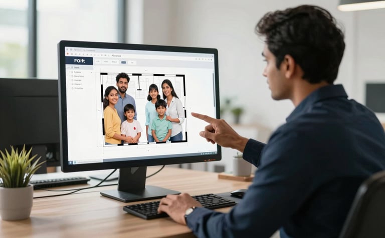 An eye-level medium shot of a professional real estate consultant in an elegant office, showing a digital floor plan to a South Asian family, captured in a bright, trustworthy, and modern atmosphere.