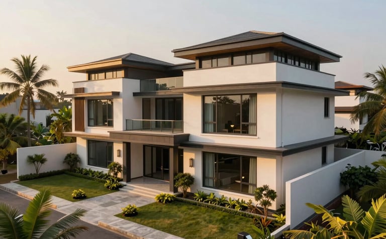 A high-angle photography shot of a luxury modern residential villa in Chennai, featuring contemporary South Asian architectural elements, large glass windows, and a manicured tropical garden under the warm golden hour sun.