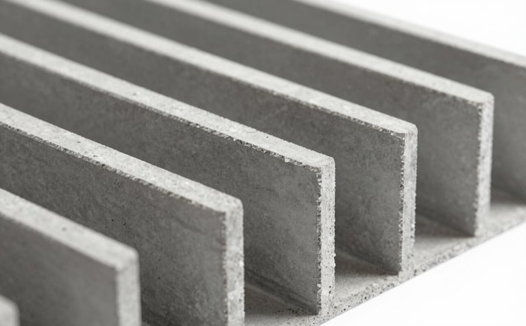 Clean, high-quality photograph of concrete U-shaped channels (canaletas) lined up in an orderly fashion. The shot emphasizes precision and structural integrity. The scene is bright and professional, utilizing soft shadows and the brand's metallic gray tones like #A9A9AE.