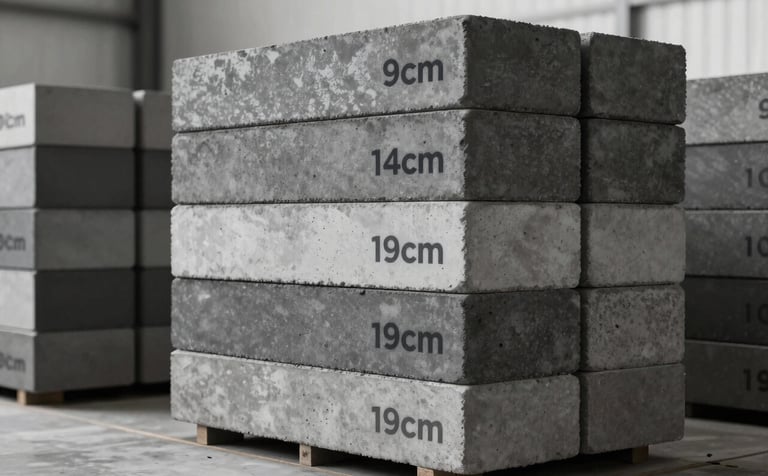 A professional architectural shot of stacked 9cm, 14cm, and 19cm concrete blocks in a clean, modern warehouse setting. The lighting is crisp and industrial, highlighting the solid and durable texture of the concrete. The color palette features deep grays and whites consistent with the brand colors #1C1C1E and #F5F5F7.