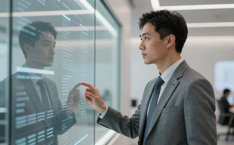 A sharp professional in a modern North American / US corporate environment, gazing at a futuristic glass display panel reflecting data. Soft slate gray and pearl white lighting. Intelligent and sophisticated mood.