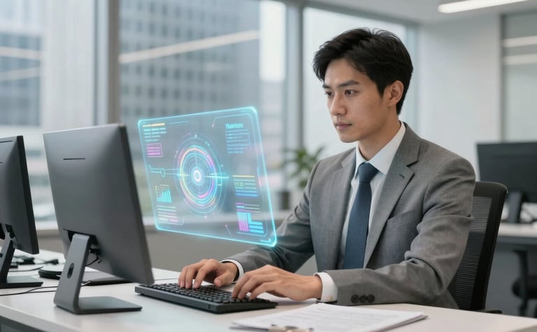 A professional in a North American / US financial district office, working with cutting-edge holographic technology. Clean and sophisticated with pearl white and soft slate gray tones.